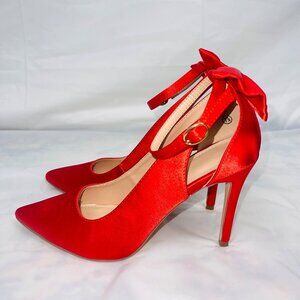 Red Satin Pointed-Toe Heels With Ankle Straps & Bow Detail Size 7.5